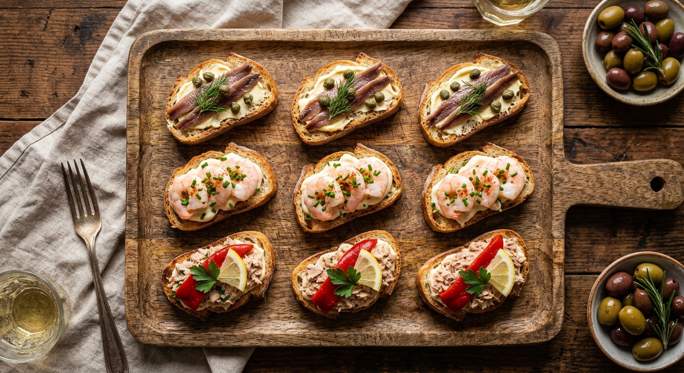 Canapés tradicionales del Bar Cabrero — anchoa, gambas, bonito