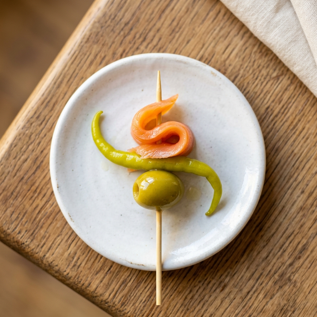 Gilda La Ahumada — Aceituna, piparra y salmón ahumado. Elegante y aromática.