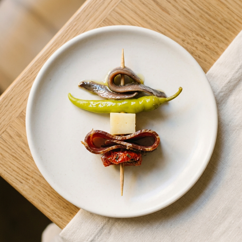 Gilda La Ibérica — Anchoa, piparra, tomate seco, queso manchego y cecina ibérica. Producto peninsular.