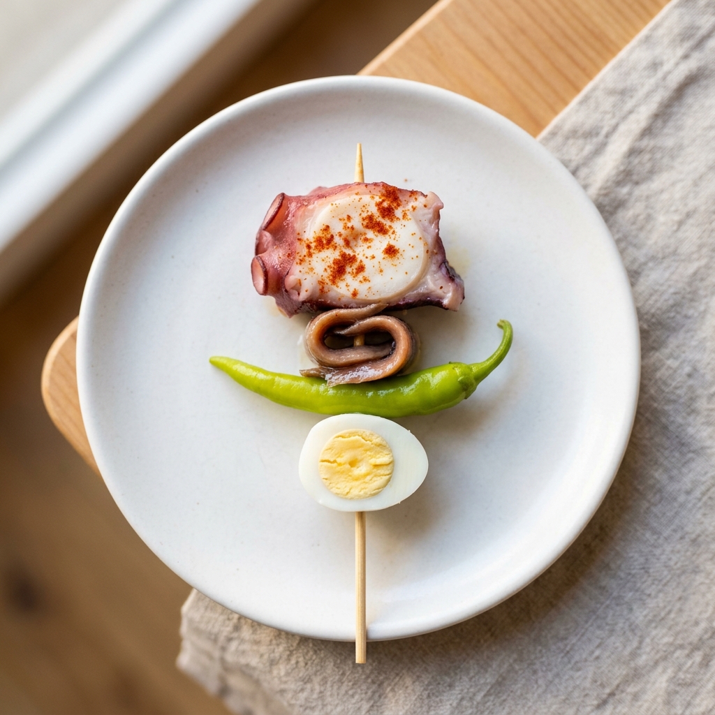 Gilda La de Pulpo — Pulpo, anchoa, piparra, huevo de codorniz y pimentón dulce. La más generosa.