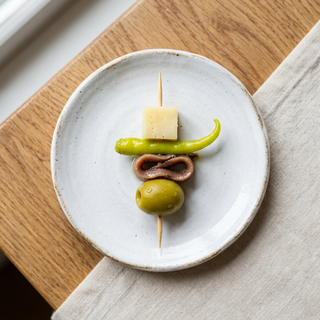 Gilda La de Queso — Aceituna, piparra, anchoa y queso manchego. Untuosa y con carácter.