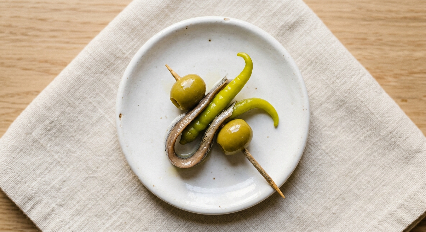 Gilda artesana del Bar Cabrero — anchoa de Santoña, oliva manzanilla y piparra verde